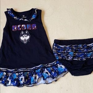 NCAA UConn Navy Blue Floral Ruffle Dress and Bloomers Set